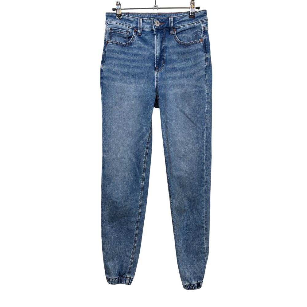 American Eagle Mom Jogger Jeans Womens 2L Blue High Rise Elastic Cuffs Stretch
